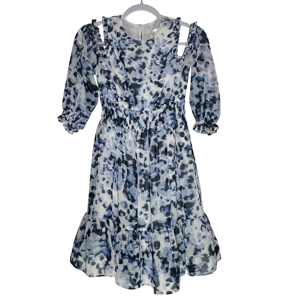 Eliza J Blue White Abstract Leopard Cold Shoulder Smocked Dress 2P CC19